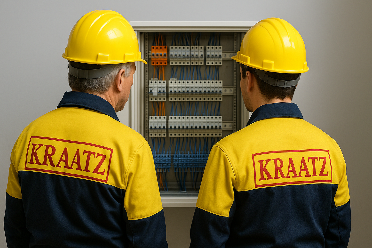 Zwei Mitarbeiter stehen vor einem Verteilerschrank