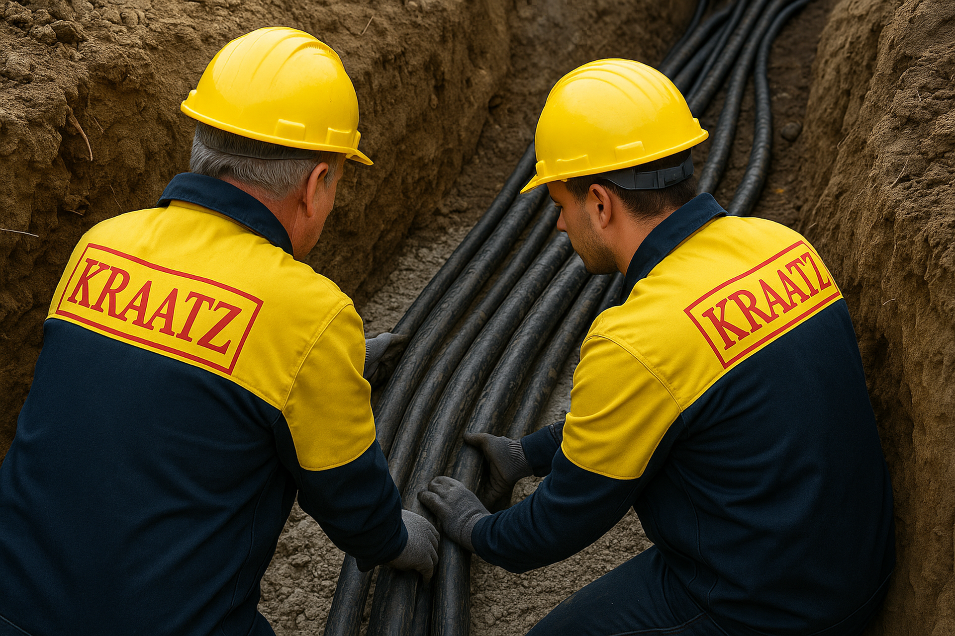 Elektriker verlegen Kabel im Graben