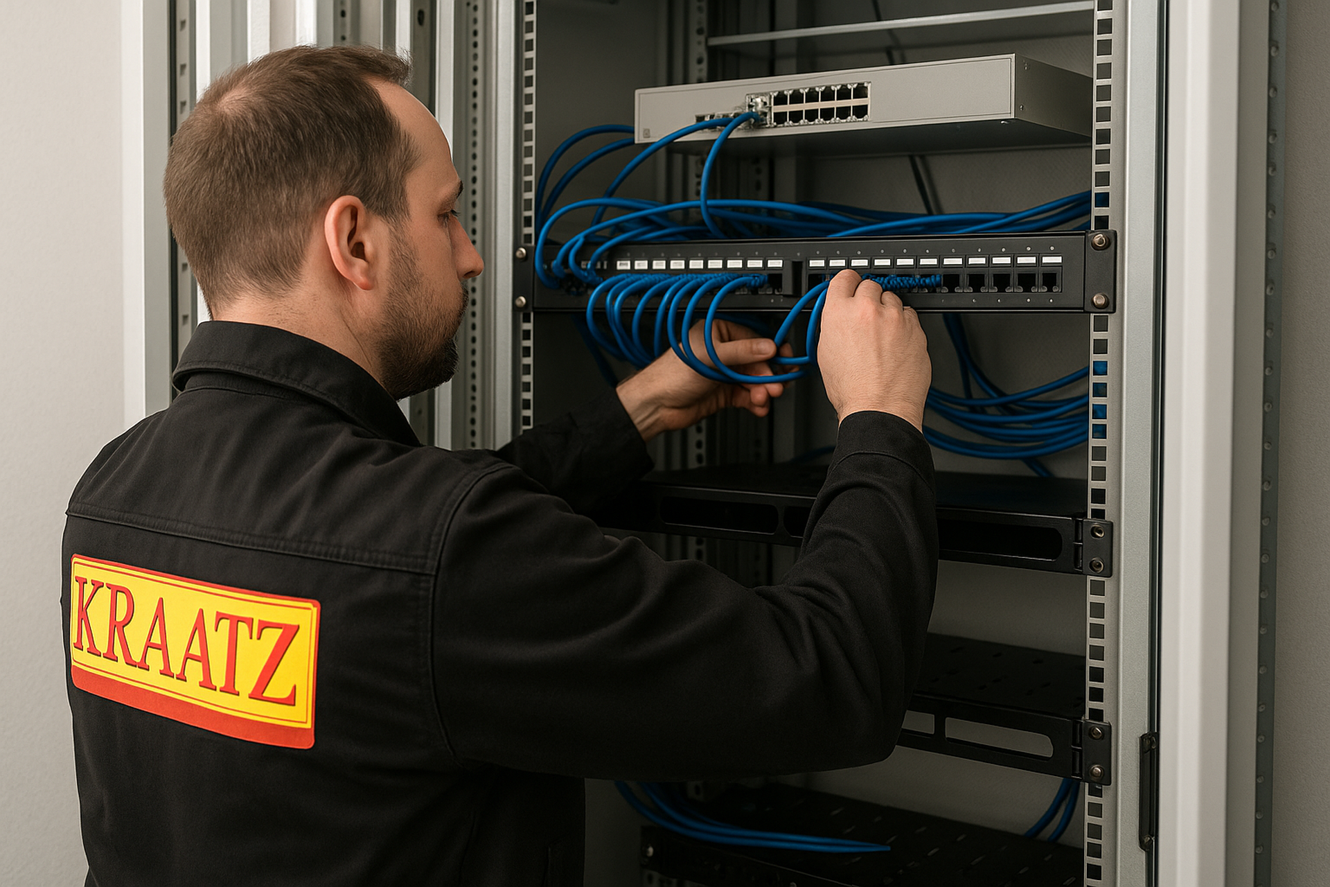 Mitarbeiter installiert Datenschrank