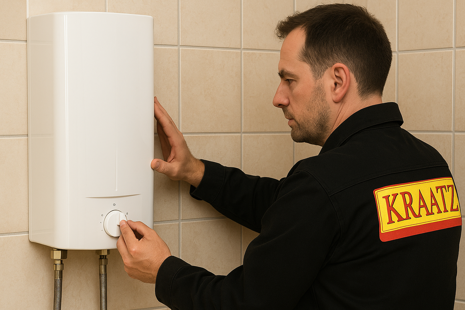 Mitarbeiter installiert Durchlauferhitzer