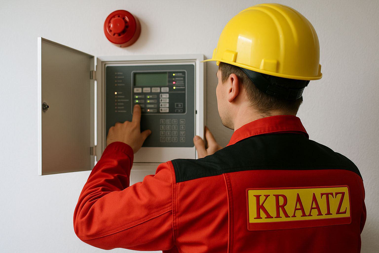 Mitarbeiter prüft Brandmeldeanlage