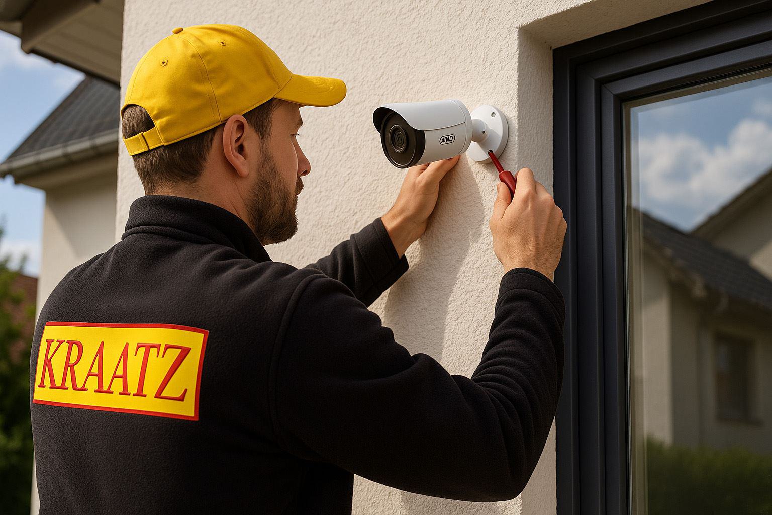 Mitarbeiter installiert eine ABUS Kamera