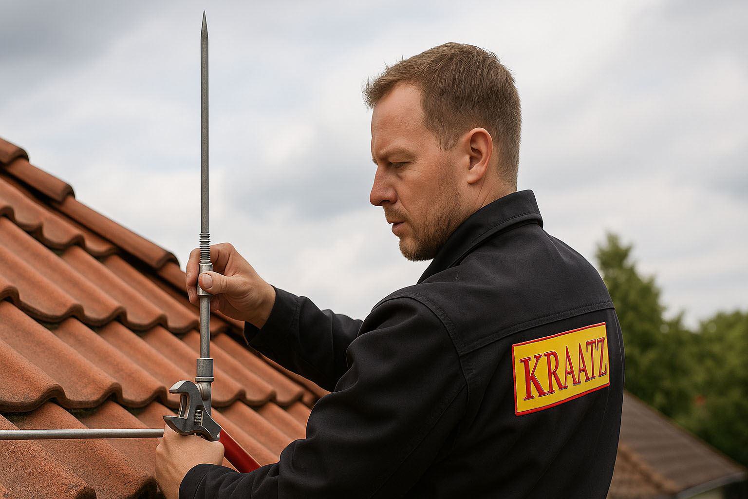 Mitarbeiter installiert Blitzschutz