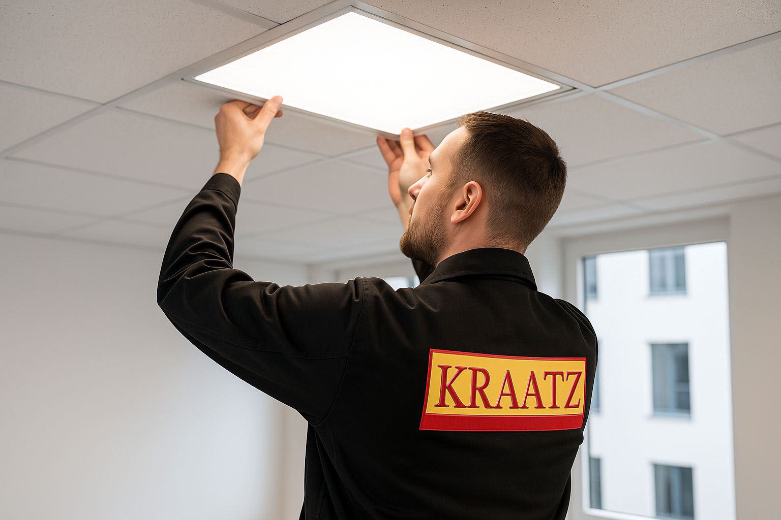 Mitarbeiter installiert LED Deckenlampe